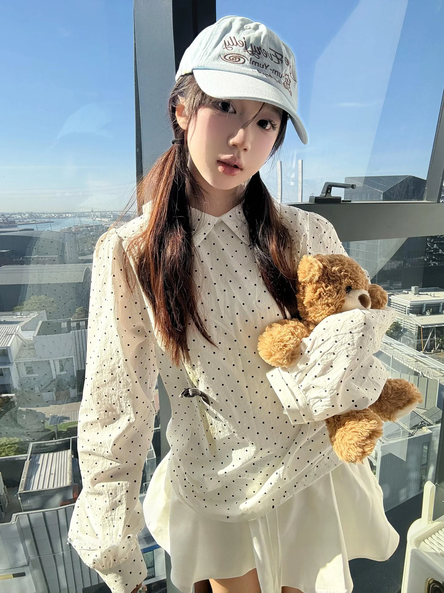 

Корейская женская свободная повседневная блузка в горошек с длинным рукавом, с воротником-стойкой, весенняя модная, стройнящая, в студенческом стиле