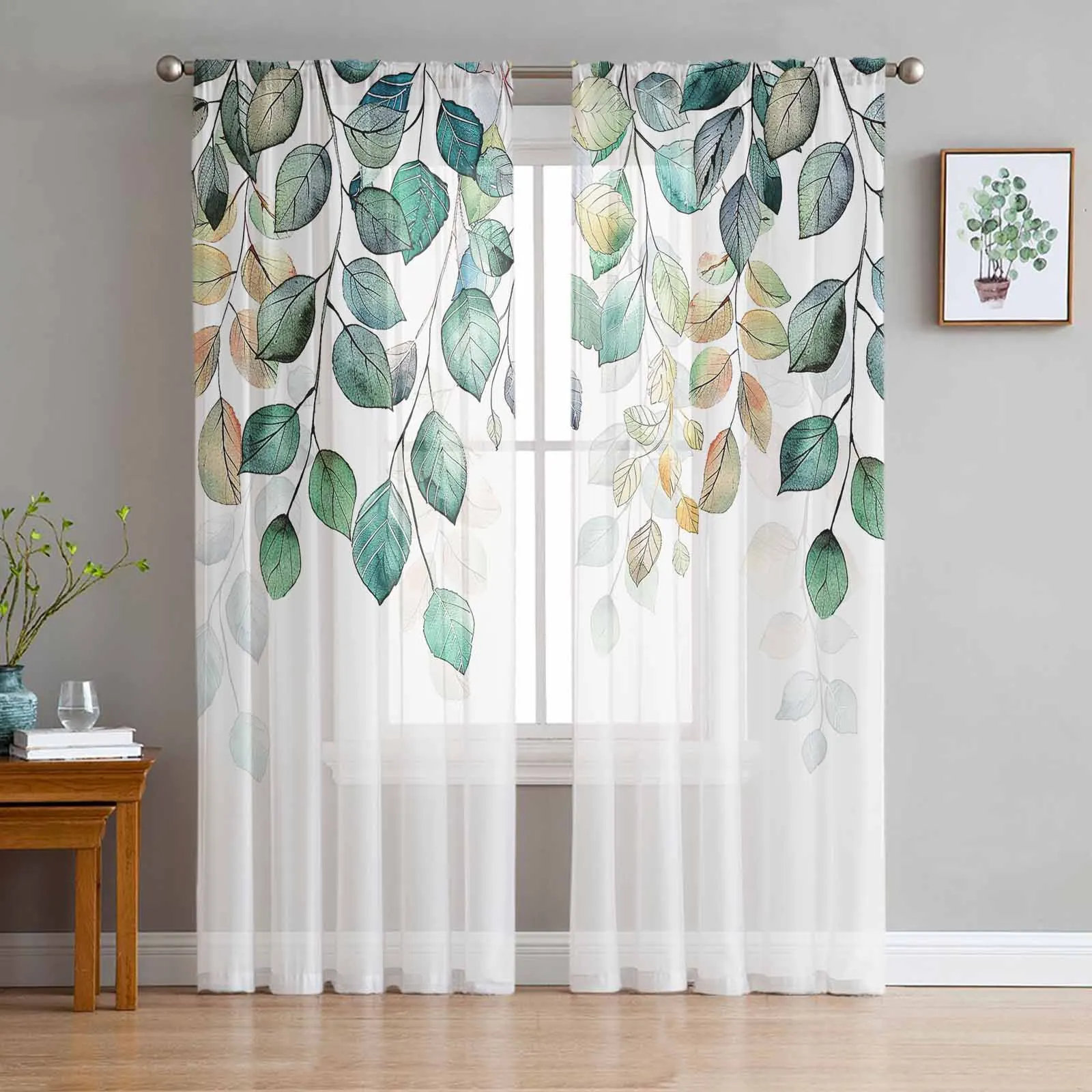 

Thanksgiving Autumn Eucalyptus Leaf Plants Curtains Living Room Bedroom Kitchen Decoration Window Voiles Organza Tulle Curtain