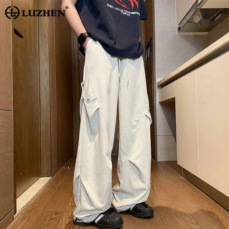 

LUZHEN Pockets Patchwork Design Solid Color Straight Casual Original Pants Men's 2025 High Quality Elastic Waist Trousers JY5566