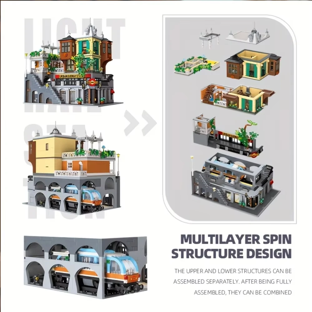 3692 個クリエイティブシティライト鉄道駅ビルディングブロック MOC ストリートビュー地下鉄駅電車クリエイティブモデルセットレンガのおもちゃ