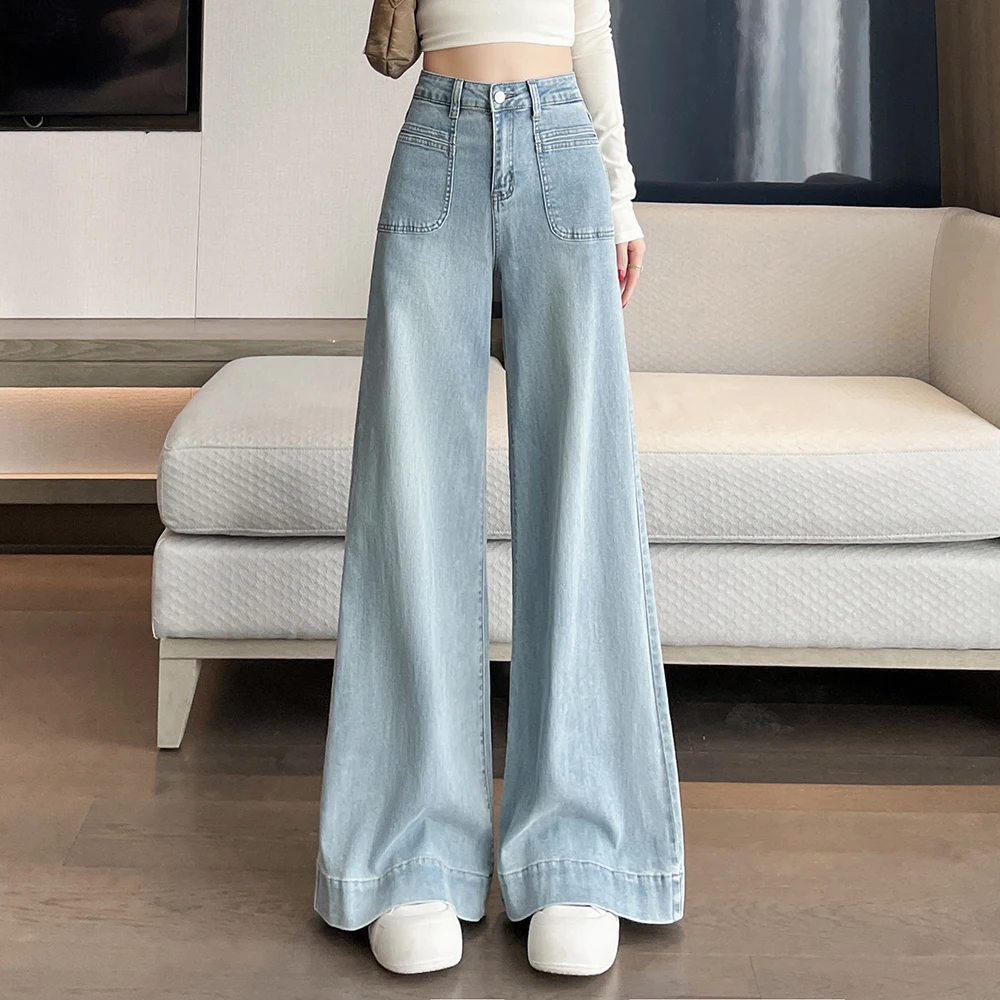 

Retro Blue New Style Big bell bottom High Waist Denim Pants For Female New Style Loose Straight Wide Legged Floor length Jeans