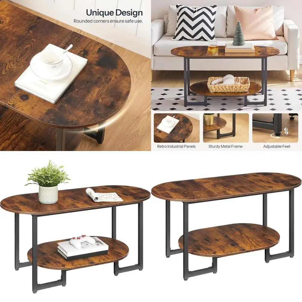 Rustic Brown 2-Tier Oval Coffee Table with Storage for Living Room & Home Office