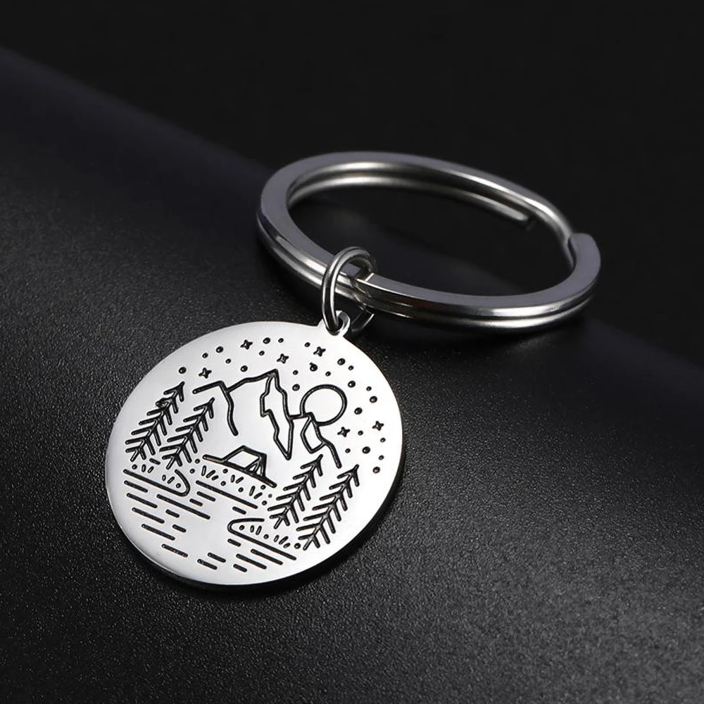 Teamer Round Charm Key Chains Coconut Tree Adventure Mountain Journey Stainless Steel Key Ring Holder Key-chain Pendant For Bag