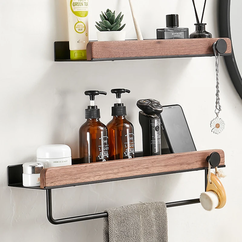 Wood Matt Black Bathroom Corner Shelves Kitchen Wall Shelf Shower Bath Shampoo Storage Rack Bathroom Accessories 20-50cm