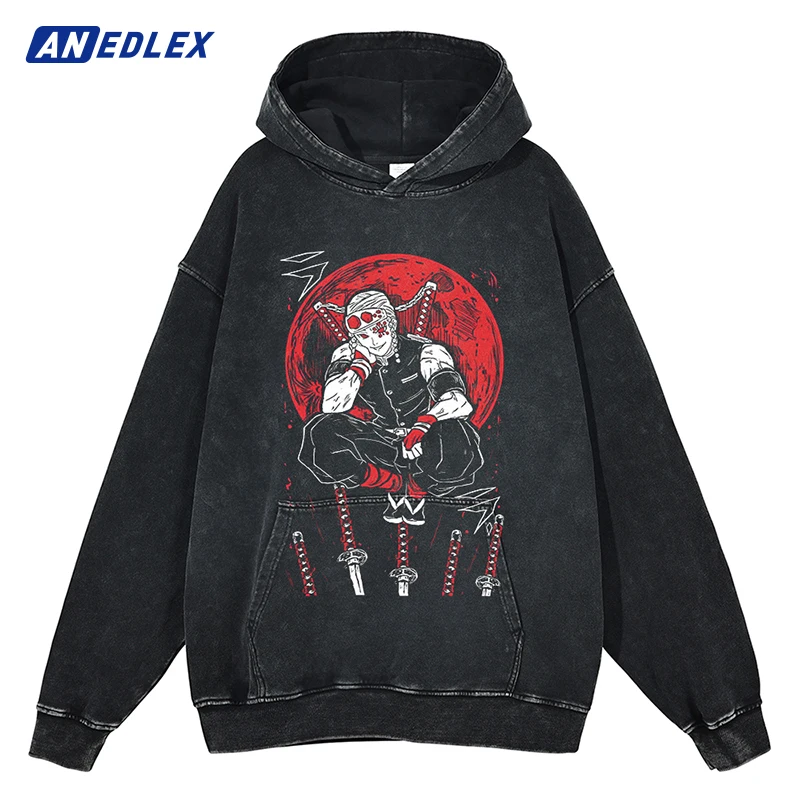 

Men Streetwear Harajuku Hoodie Sweatshirt Retro Japanese Anime Printed Hooded Pullover Cotton Hip Hop Vintage Washed Hoodie