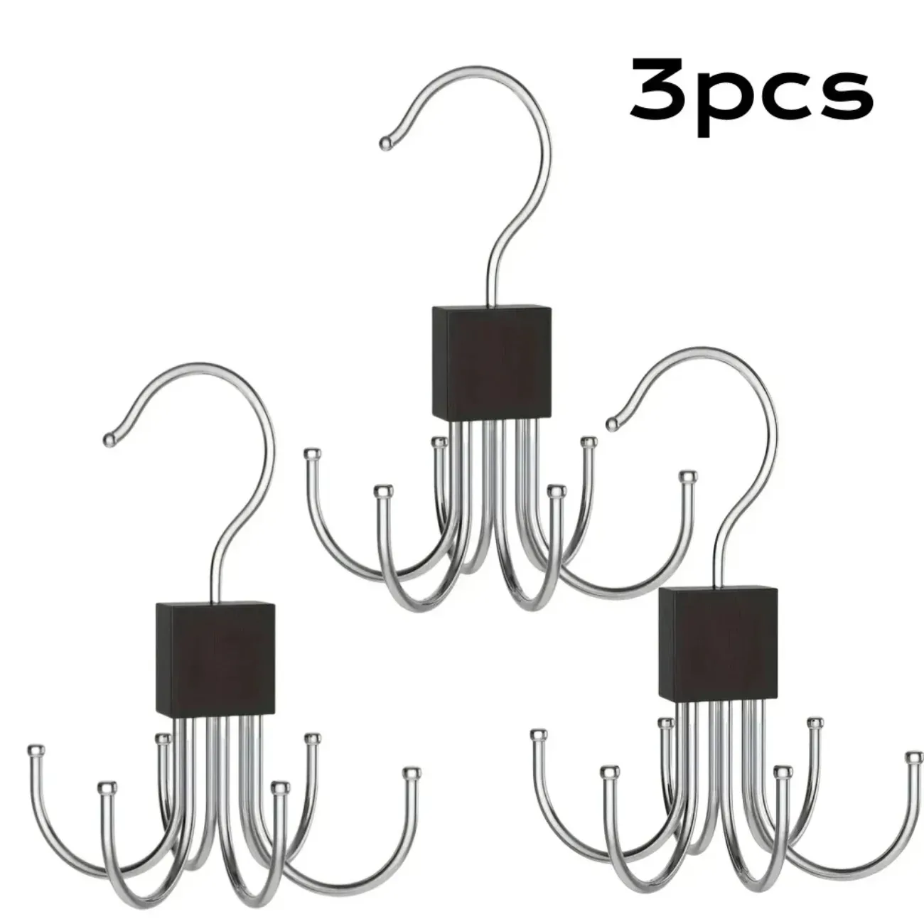 Premium Natural Wood Accessory Rack: Rotating Closet Hanger with Stainless Steel Hooks for Belts, Scarves & Jewelry. Tangle-Free