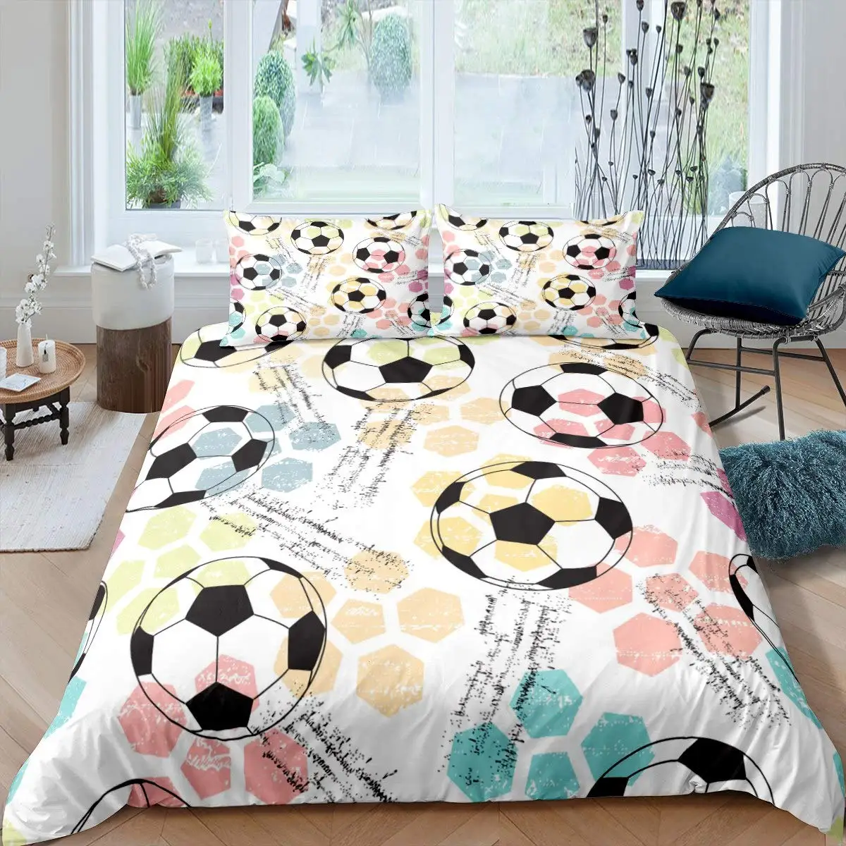 

Football Duvet Cover Set Soccer Ball Pattern Sports Theme Bedding Set Microfiber Colorful Grunge Style Double King Quilt Cover