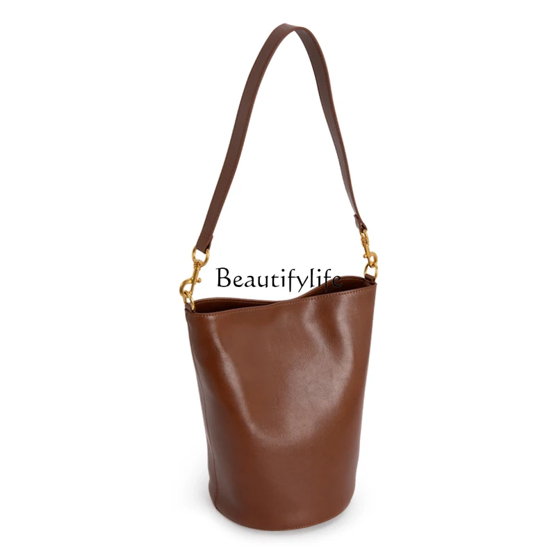 

Brown Bucket Bag High-Grade Niche Shoulder Crossbody Real Leather