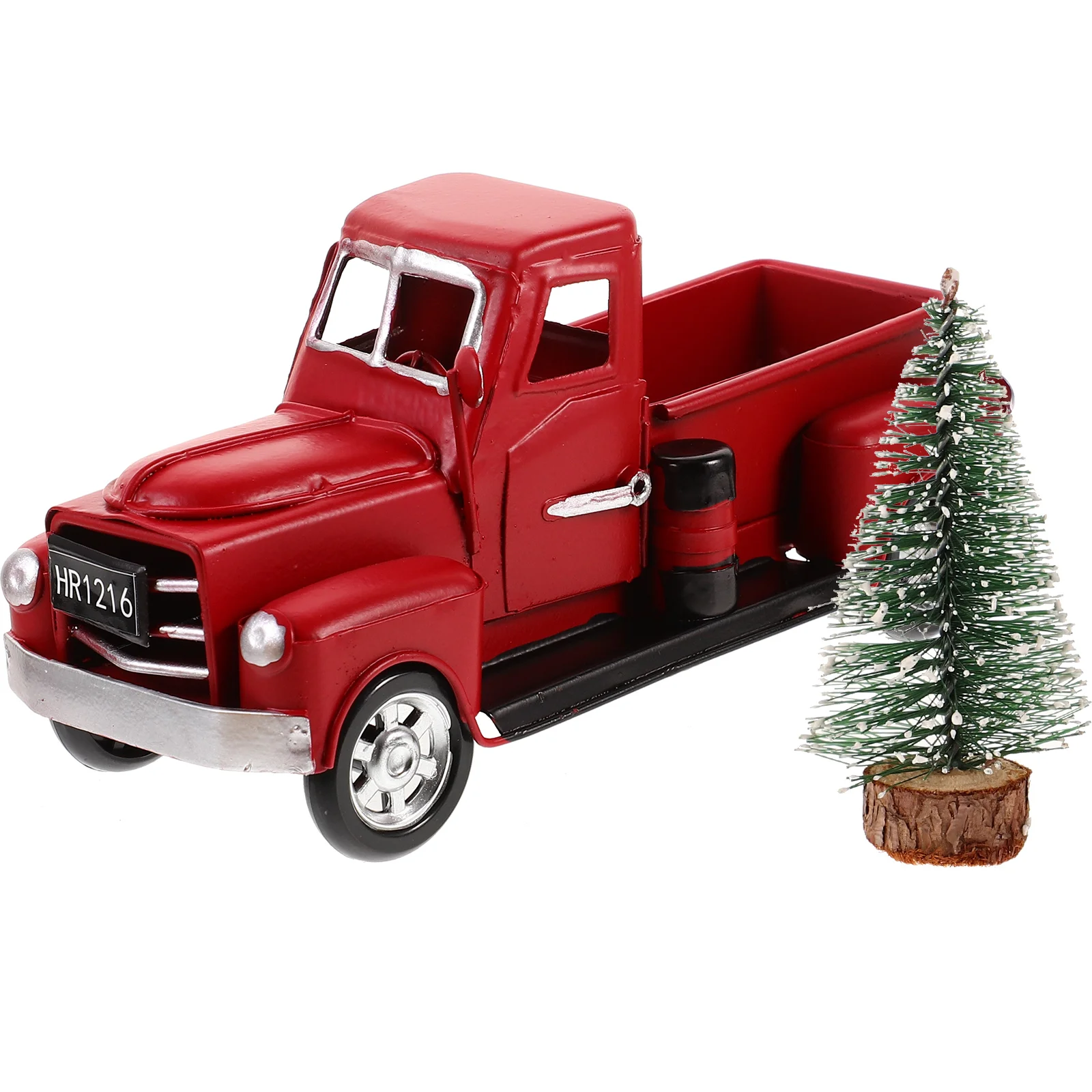 Red Vintage Truck Model Christmas Ornaments Metal Car Adornments Classic Desktop Decoration Toy with Christmas Tree for Home Off