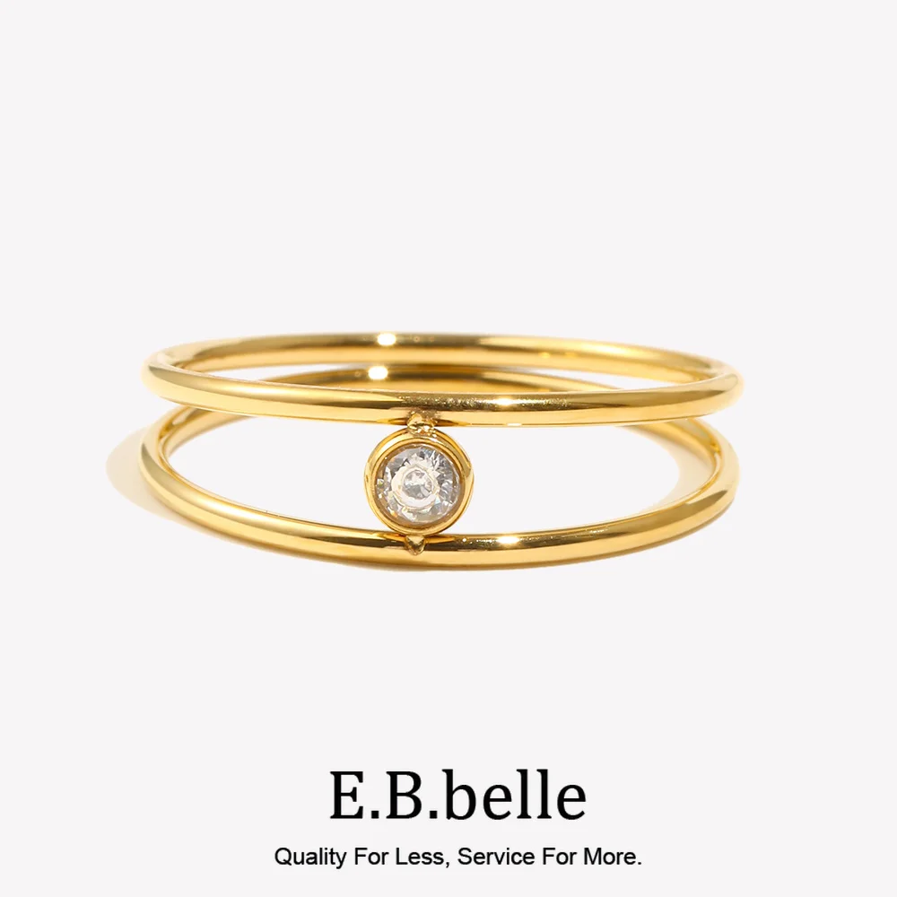 E.B.belle Extremely Simple Style Double Layer Clip Rhinestone Ring Hypoallergenic 316L Stainless Steel For Women Fashion Jewelry
