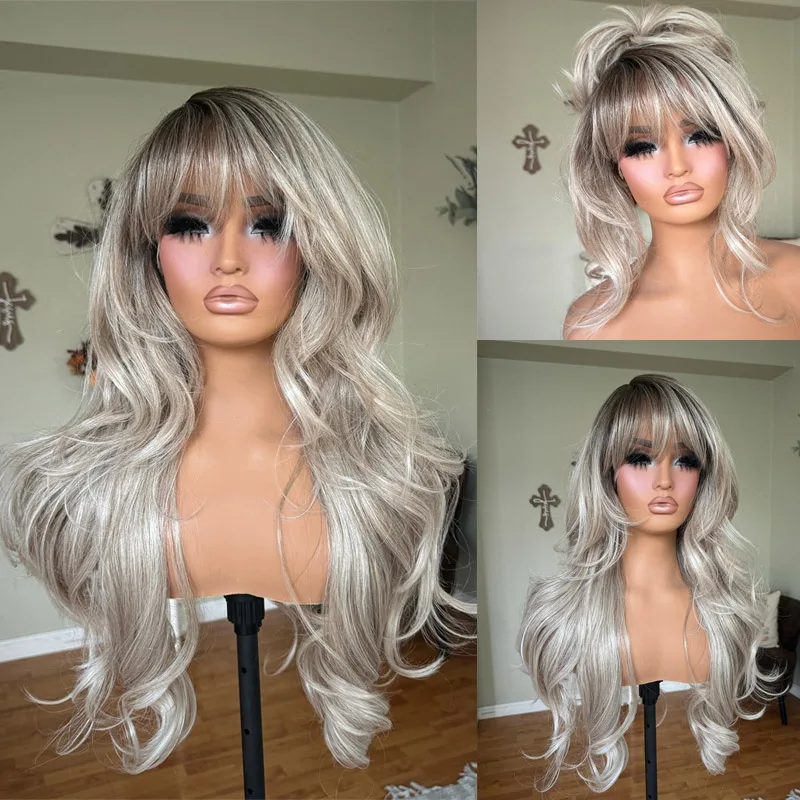 Cosplay Lace Part Wig with Bangs Ash Blonde Lace Frontal Wigs for Women Natural Wave Synthetic Futura High Quality wig on Grid