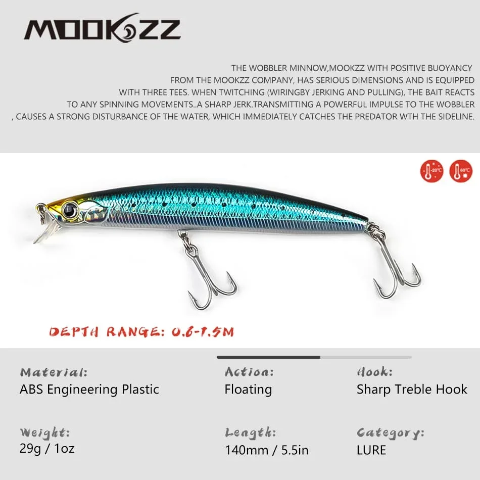 MOOKZZ-señuelo de pesca flotante MINNOW, 140MM, 29G, 120MM, 19G, cebo duro