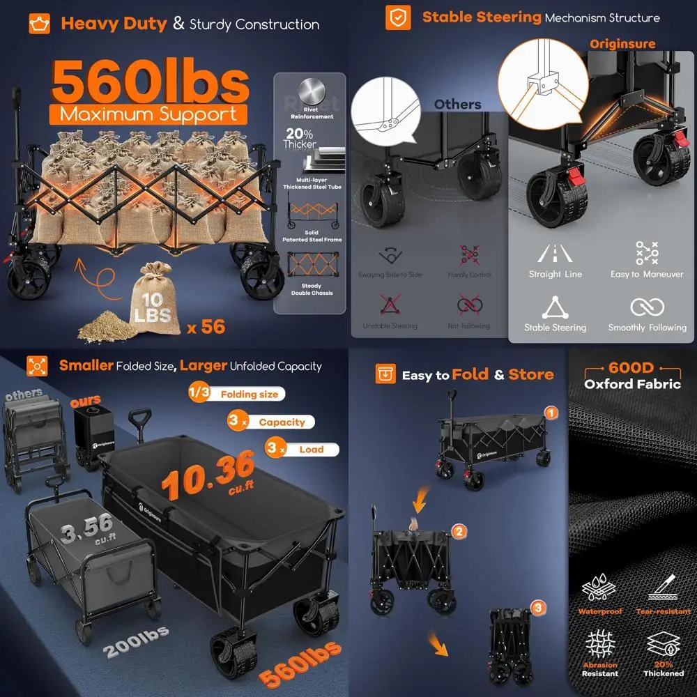 รถเข็นอเนกประสงค์พับได้ รับน้ำหนักได้ 560 ปอนด์ ล้อขนาดใหญ่สำหรับทุกพื้นผิว เหมาะสำหรับชายหาด ซื้อของชำ ตั้งแคมป์ กีฬา - สีเทาและสีดำ