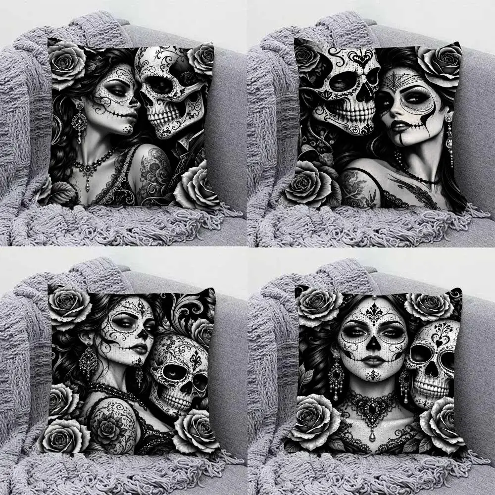 Love Day of the Dead Cushion Cover Soft Plush Pillowcase Double Side Cozy Cushion Cover Aesthetic Sofa Home Decor Gift