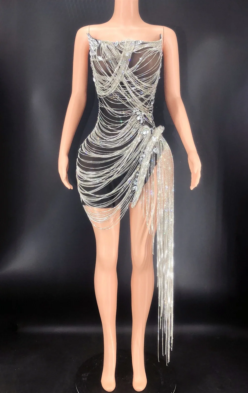 Sparkly Rhinestones Fringes Mesh See Through Dress Women Celebrate Birthday Evening Gown Dress Prom Outfit Sexy Show Stage Wear