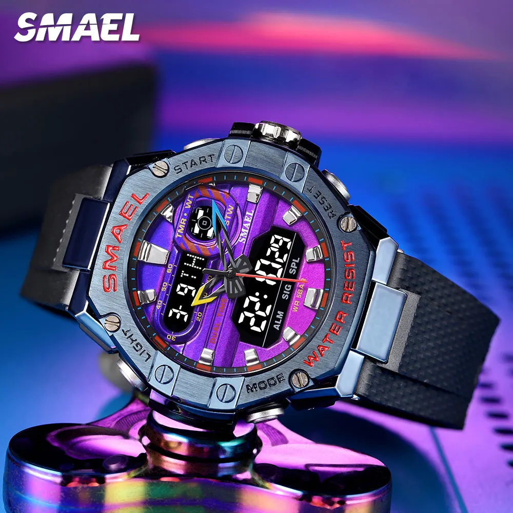 

SMAEL Dual Time Display Watch Men Waterproof Electronic Digital Quartz Wristwatch with Purple Dial Chronograph Date Alarm 8066