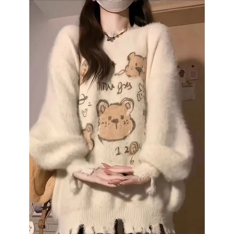 QWEEK Y2k Bear Print Sweater Knitted Soft Pullovers Women Long Sleeve Autumn Winter Korean Style Casual Loose Hooded Outerwears