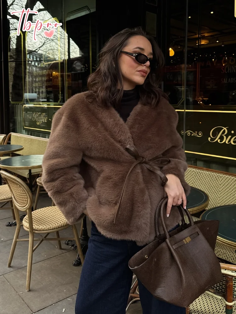 2025 Fashion Brown Women's Lace Up Faux Fur Coat Vintage V-neck Long Sleeve Fluffy Plush Jacket New Chic Ladies High Streetwear