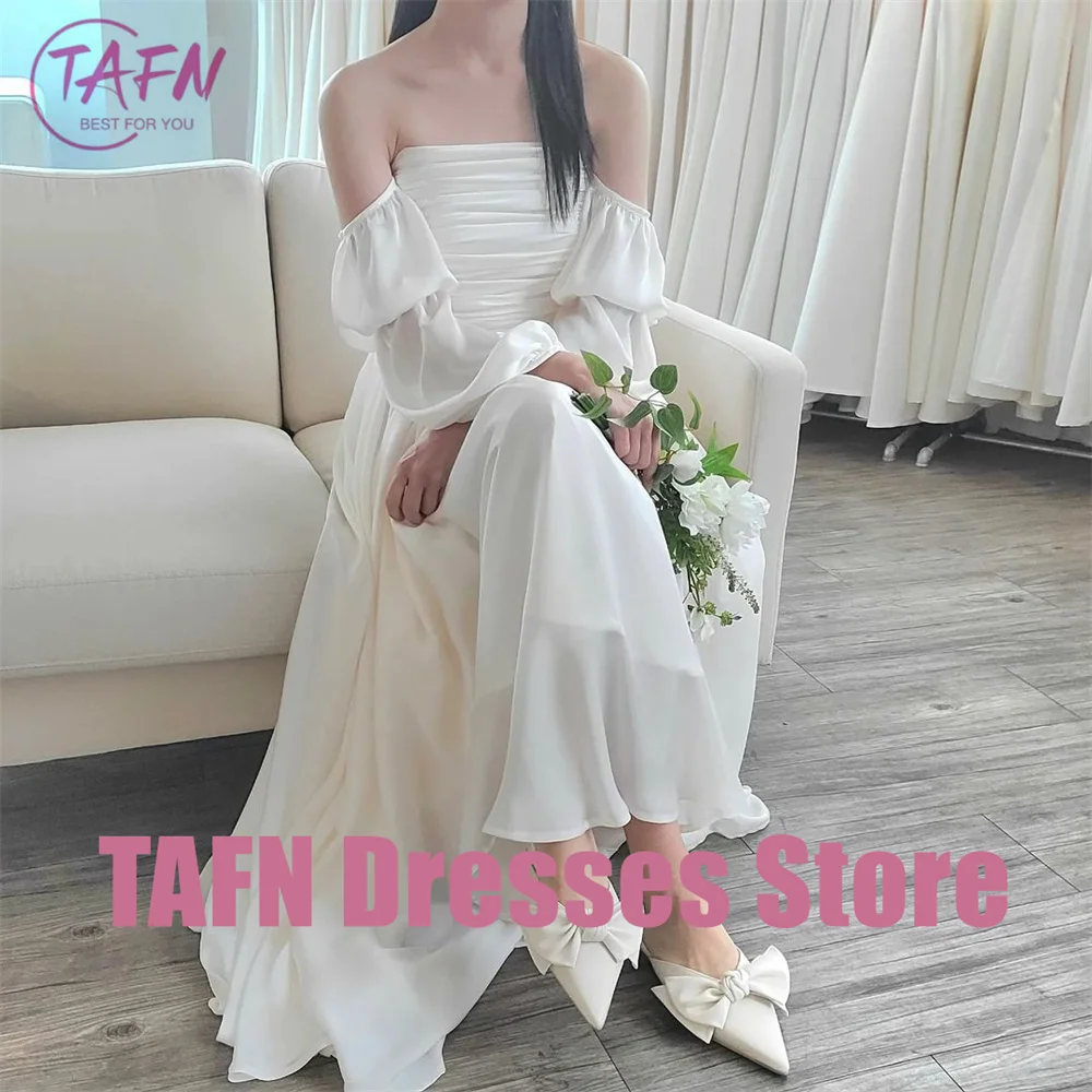 TAFN Korea Wedding Reception Dresses Elegant A-line Off the Shoulder Long Sleeves Bridal Gowns Photo Shoot Dress for Bride