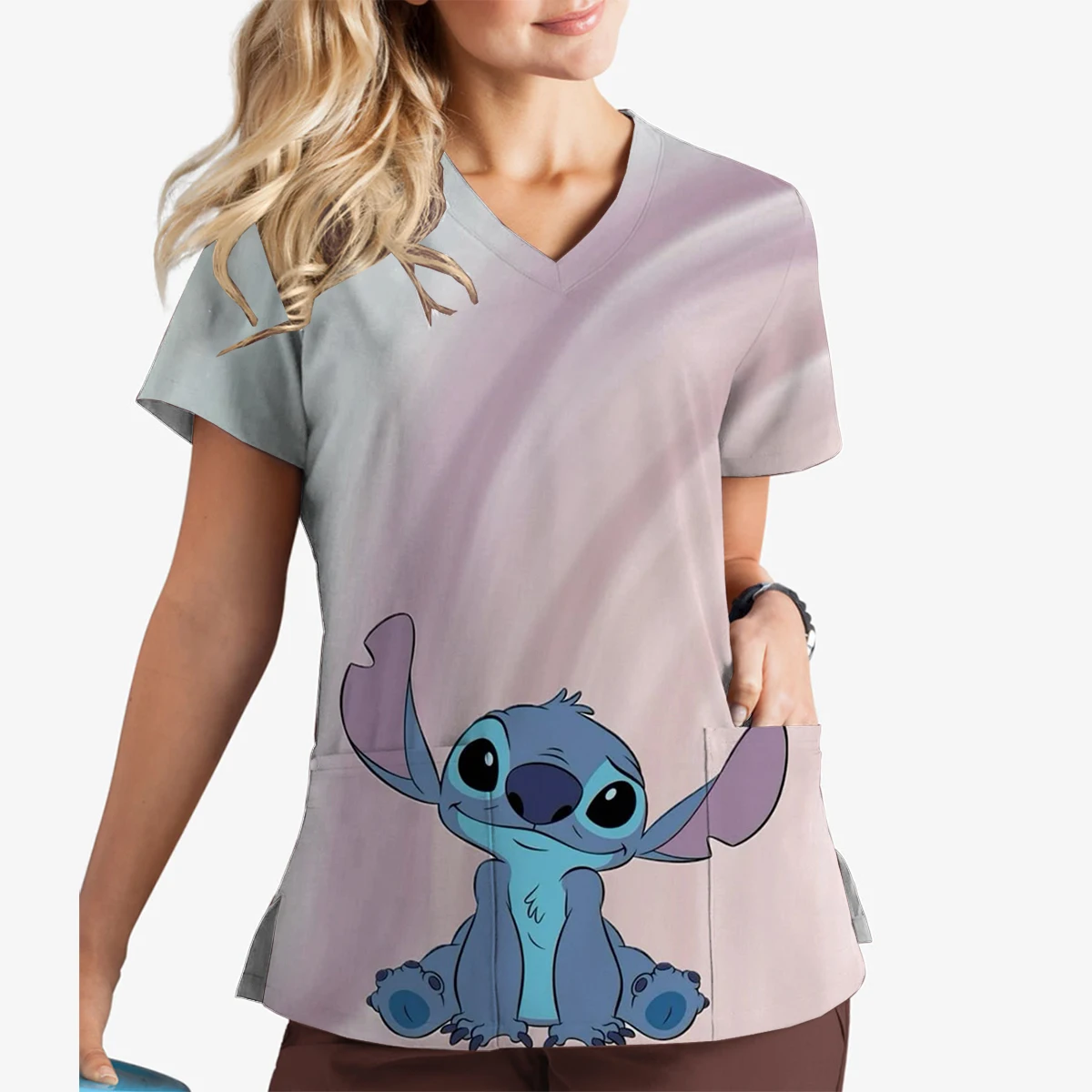 Disney V-Neck Print Scrub Top Short Sleeve Top Stitch Print Ophthalmologist Veterinary Pet Store Work Uniform