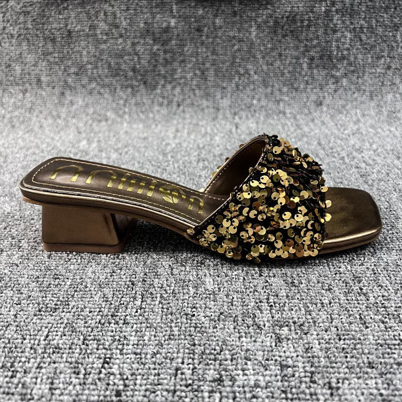 Fashion African Sequins Slippers Point Toe Open Toe Leather Mules 2023 Summer Outdoor Beach Party Party 5cm High Heels L1021-5