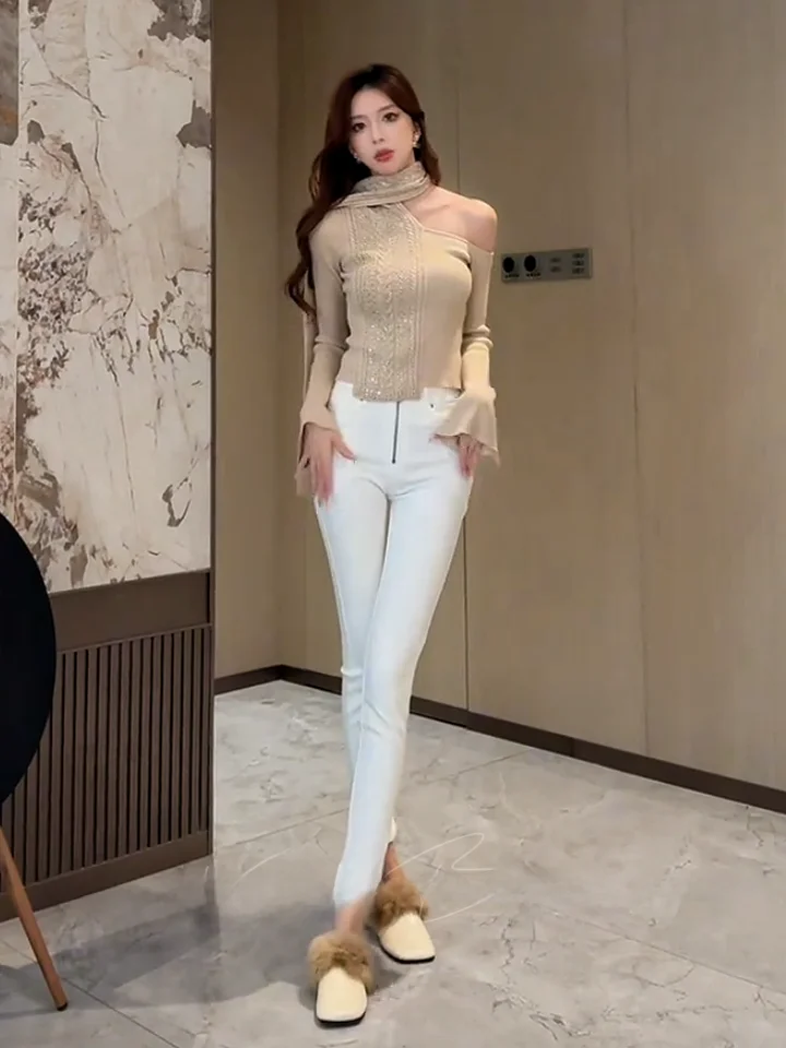 

High Waist Slim Fit Fce Lined Bootcut Zipper Sle Women's Jeans High Elastici Cotton Stretch Denim Pants Autumn Winter