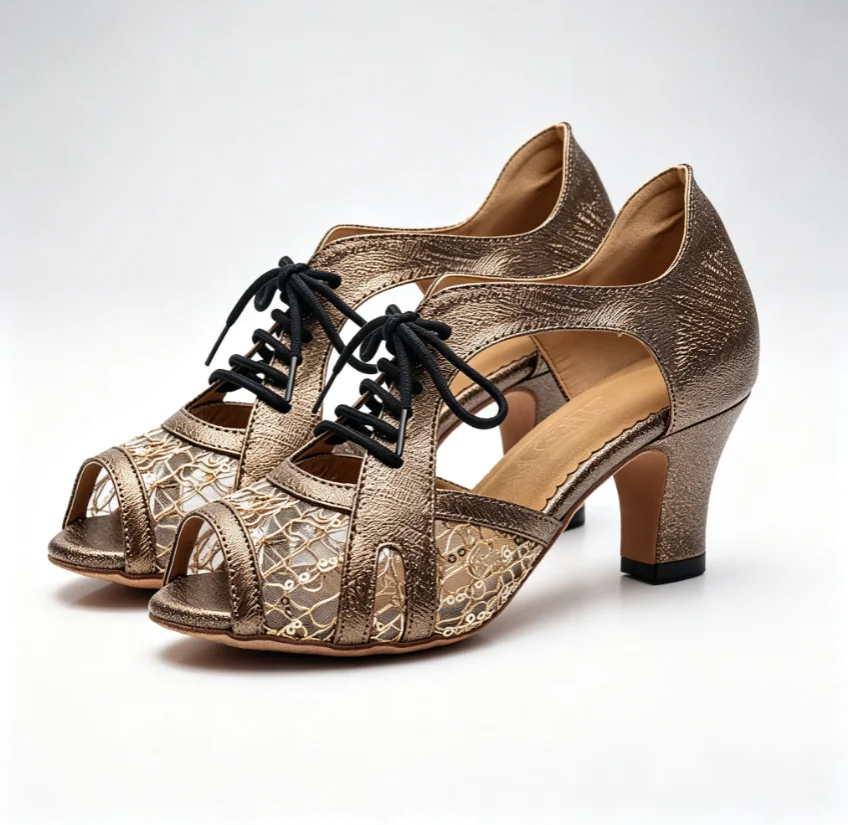 Evk Women Bronze Leather Dance Shoes Open Toe Lace‑up Mid Heel Latin Salsa Tango Ballroom Dancing Footwear Girls Sneaker Sandals