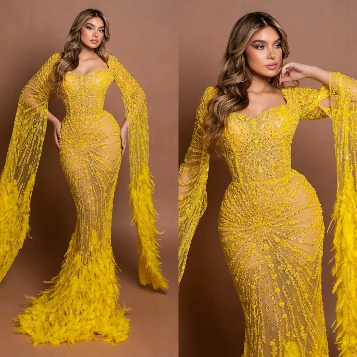 Stylish Feather Evening Dresses Sequins Beading Prom Dress Cape Sleeves See Through Customized Party Gowns Vestidos De Noche