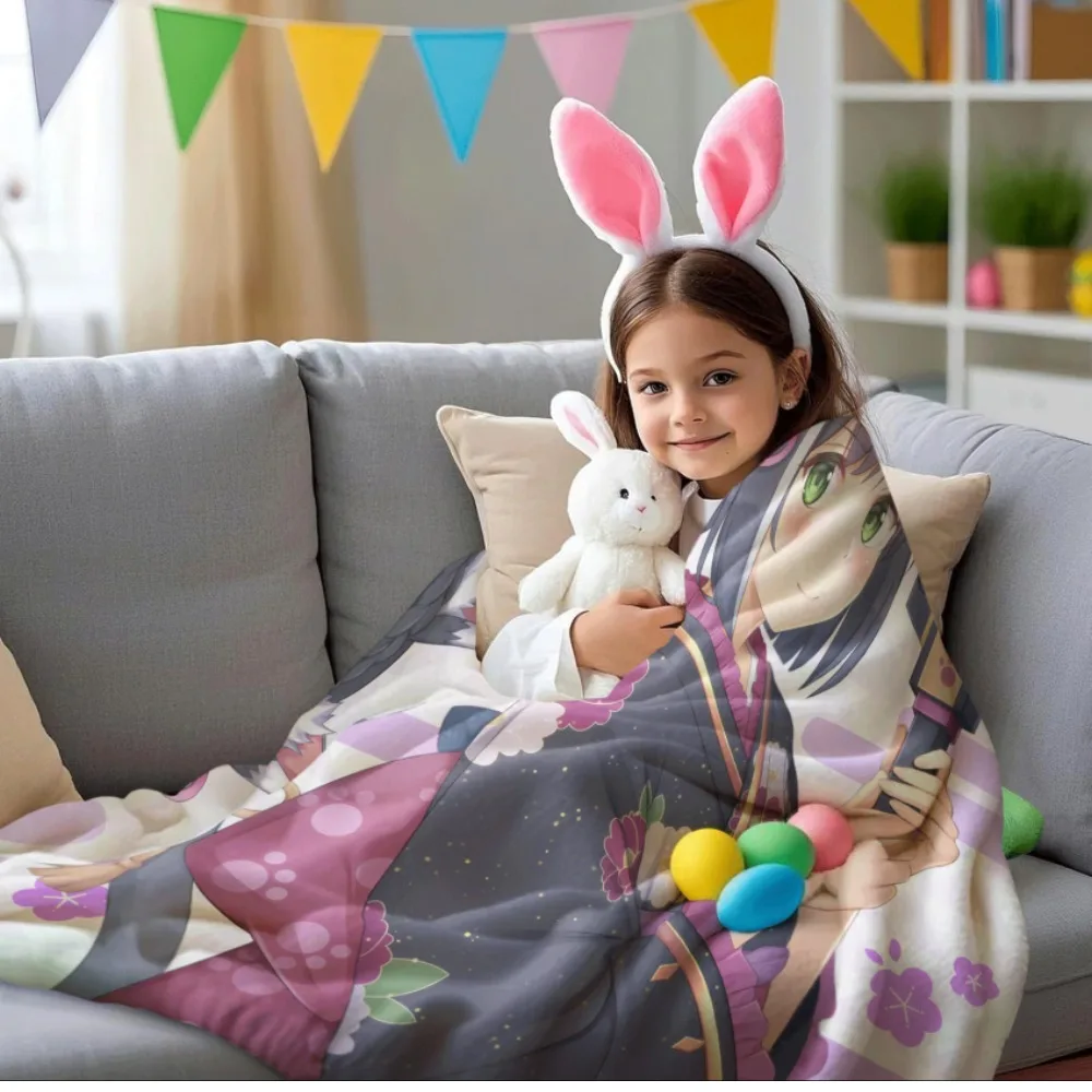 Anime Flannel Throw Blanket Pecorine Print Long Blonde Hair Girl Evening Dress Warm Sofa Bed Blanket Fan Gift