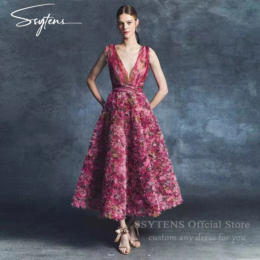 

SSYTENS Luxury Pink Wedding Party Dress 3D Flowers Tiered Midi Prom Gowns Deep V Neck Tea Length Gala Evening Dresses Customized