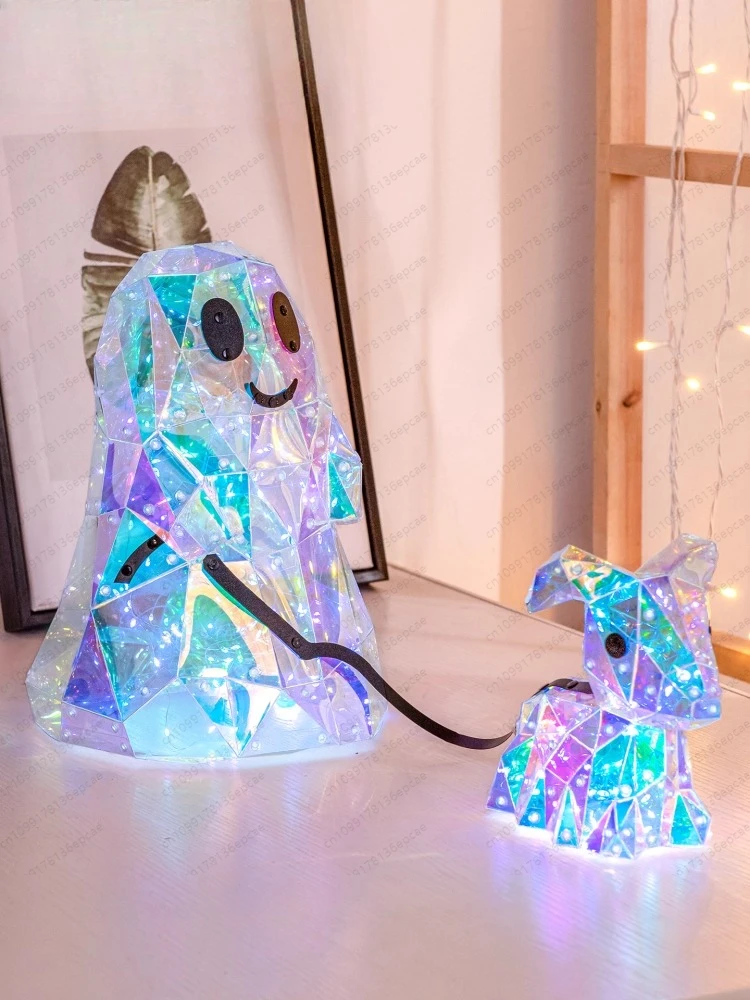 Halloween decorations, dog walking ghosts, creative Symphony ornaments, festive tabletop atmosphere, shopping mall window