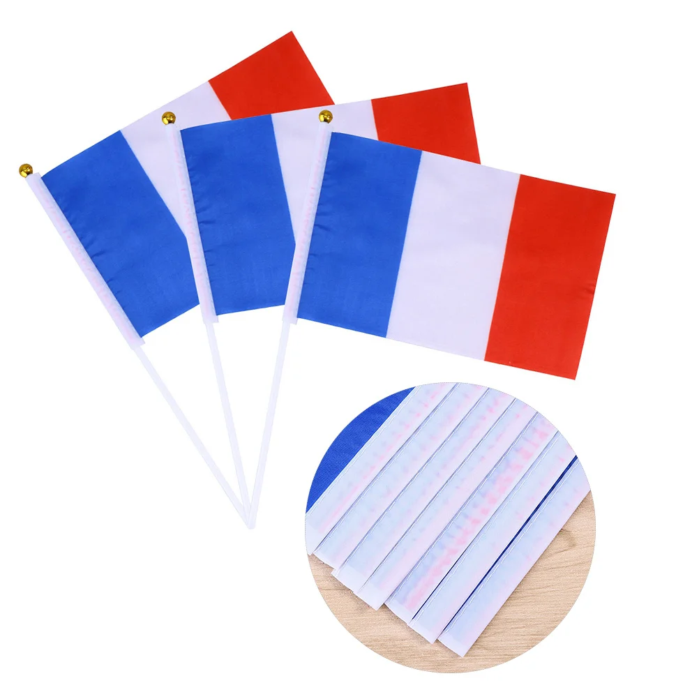 

50Pcs France Mini Hand Held Flags Flag 14x21cm Gold Ball Stick for International Events Sports Fans
