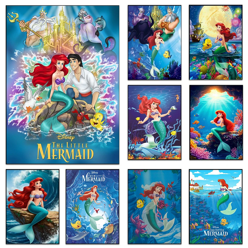 Póster de la Sirenita de Disney para decoración del hogar, dormitorio infantil, película de dibujos animados, princesa Ariel, pintura en lienzo para pared A