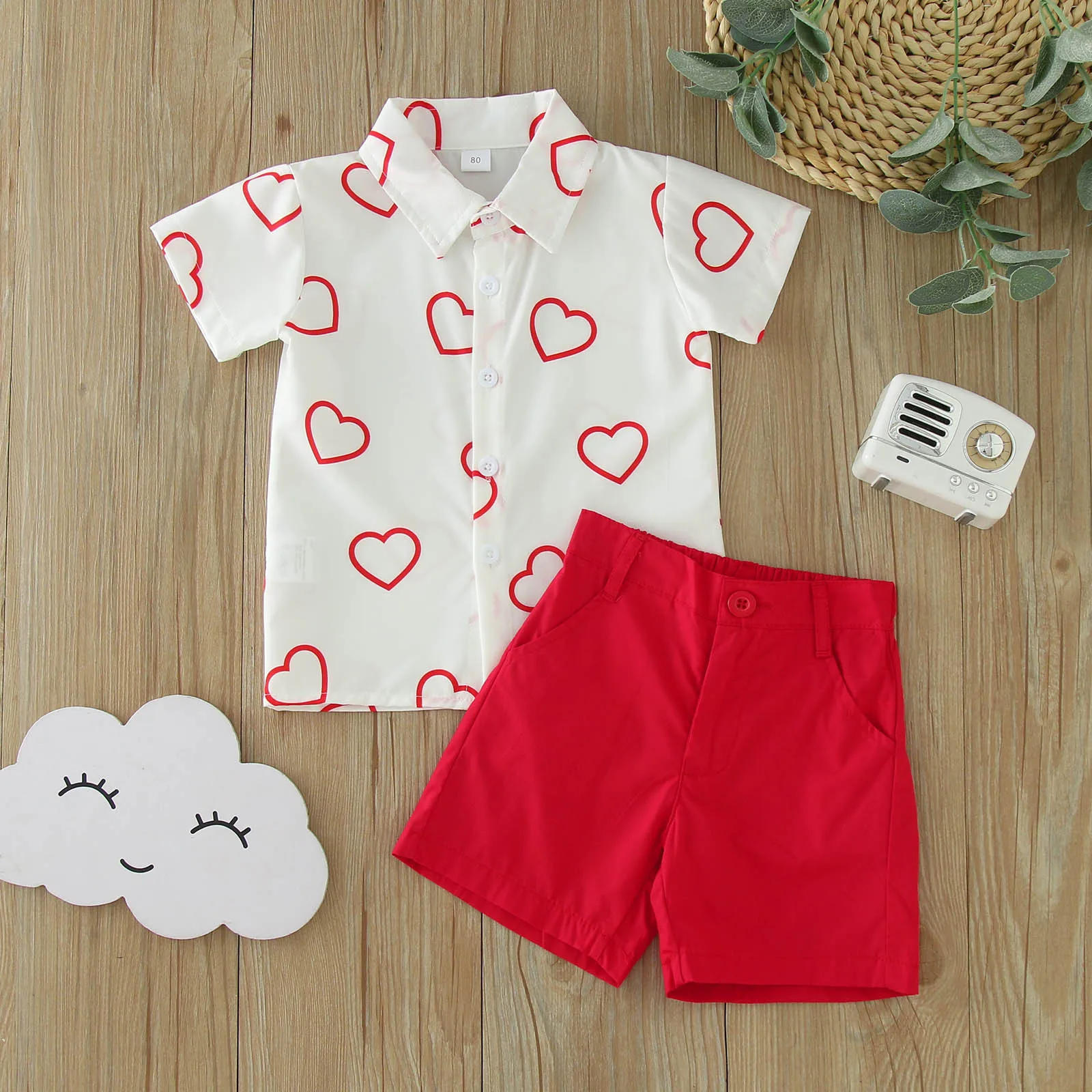 

0-4Y Baby Boys Summer Shorts Sets Valentine's Day Heart Print Short Sleeve Shirts Tops+Short Pants Toddler Kids Casual Clothes