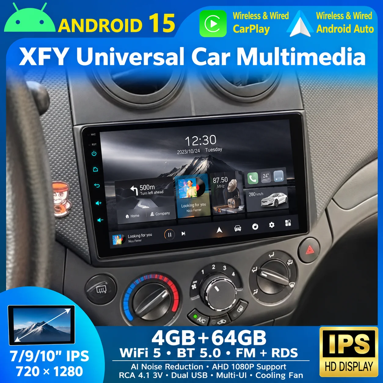 Car Media Player With Multi-UI and Cooling Fan XFY Android 15 4GB RAM 64GB ROM 7/9/10 Inch 720x1280 IPS For Everyday Driving