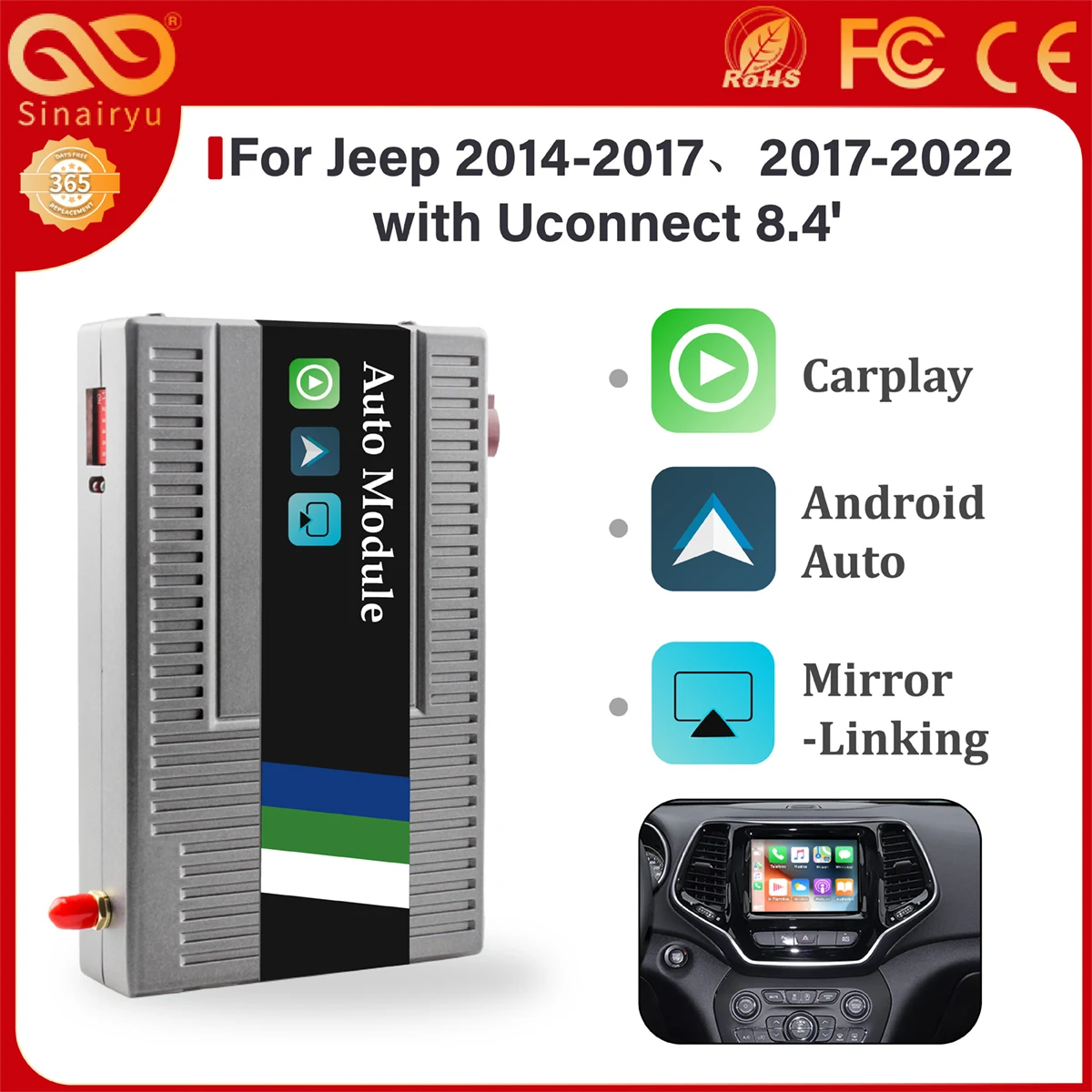 Sinairyu Apple Carplay Android Auto Aftermarket Camera Wireless Module For Jeep Grand Cherokee XJ KL Wrangler Compass Commander