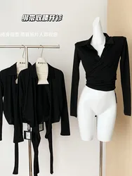 Black Fashion Slim Polo-Neck Shirts Women New Cross Bandage Design Crop Top Autumn 2024 Korean Style Sexy Long Sleeve Blouses