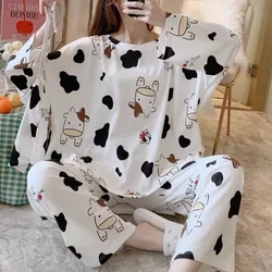 2 Piece Set Long-Sleeved Pyjamas Women Silk Sleepwear Autumn and Winter Korean Version Large Size Ladies Cartoon Bear Home Wear