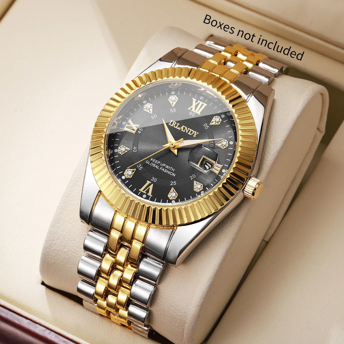 

Fashion Rhinestone Roma Dial Men's Calendar Quartz Watch Luxury Stainless Steel Strap Men Business Watches Reloj (Without Box)