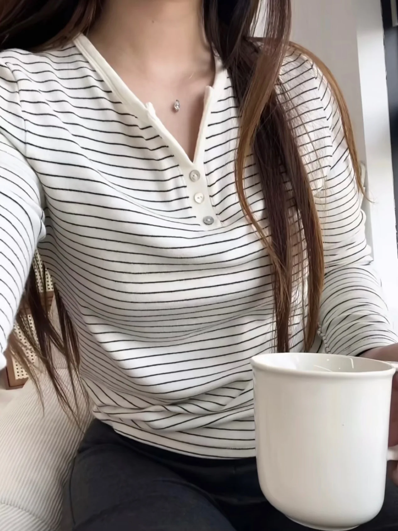 Loose Fit Women's Long Sleeve T-Shirt V-Neck Henry Collar Stripe Pattern Korean Style Soft Comfortable Autumn Top