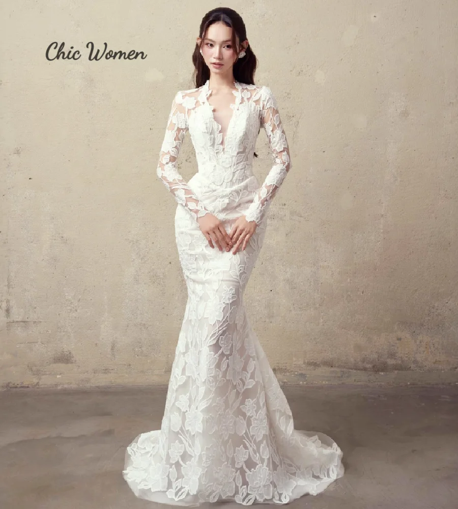 Charming Beach Wedding Dress With Detachble Train Elegant Long Sleeve Lace Mermaid Bohemian Destination Boho Bridal Dress Plus