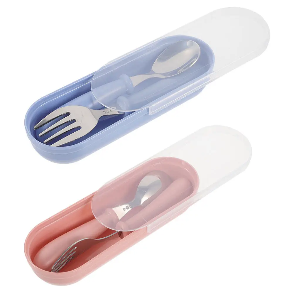 

2Sets Toddler Tableware Stainless Steel Spoon Fork Set Plastic Handle Portable Storage Box Kids Utensils Baby Fork Spoon Self