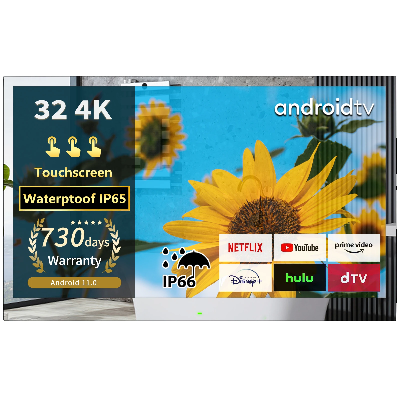 Soulaca 32inch Big Touchscreen Android11.0 Bathroom Mirror Smart TV with  Waterproof IP65 4K WiFi Bluetooth Frameless for US EU