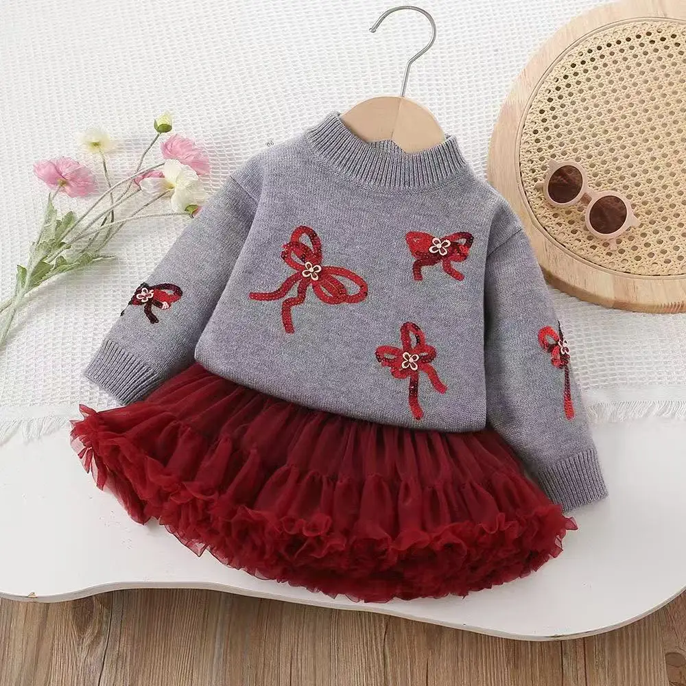 New Autumn Winter 2-6Y Knit Sweater Set Kids Sequin 2 Piece Outfit Pullover Top Tutu Skirt for 90-130cm 4