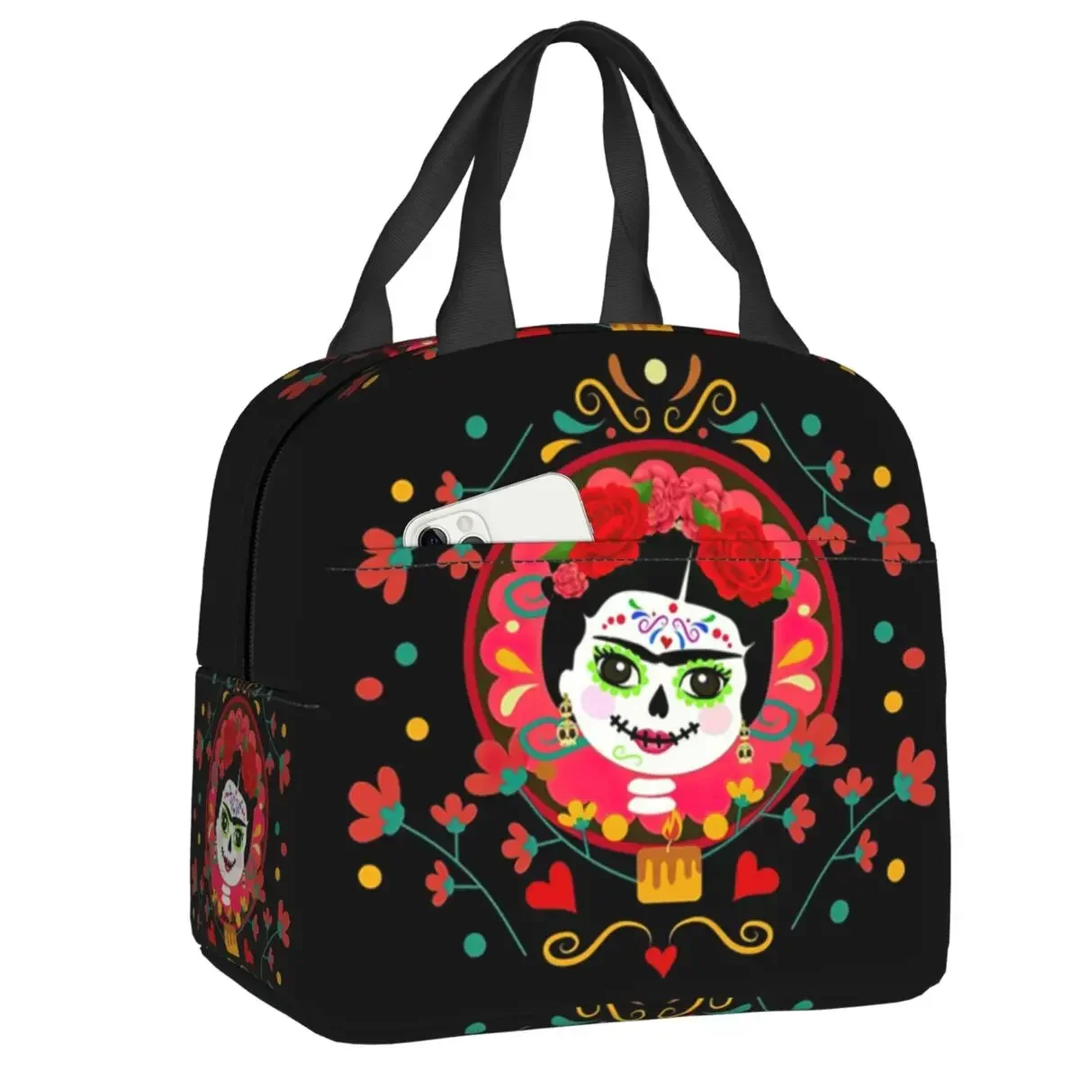 Skull Frida Day Of Dead Insulated Lunch Bags for Work School Mexican Flowers Waterproof Cooler Thermal Bento Box Women Kids