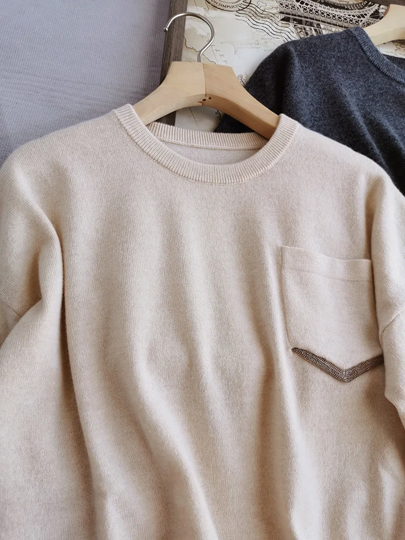 Casual o-neck pure cashmere long sleeve sweater