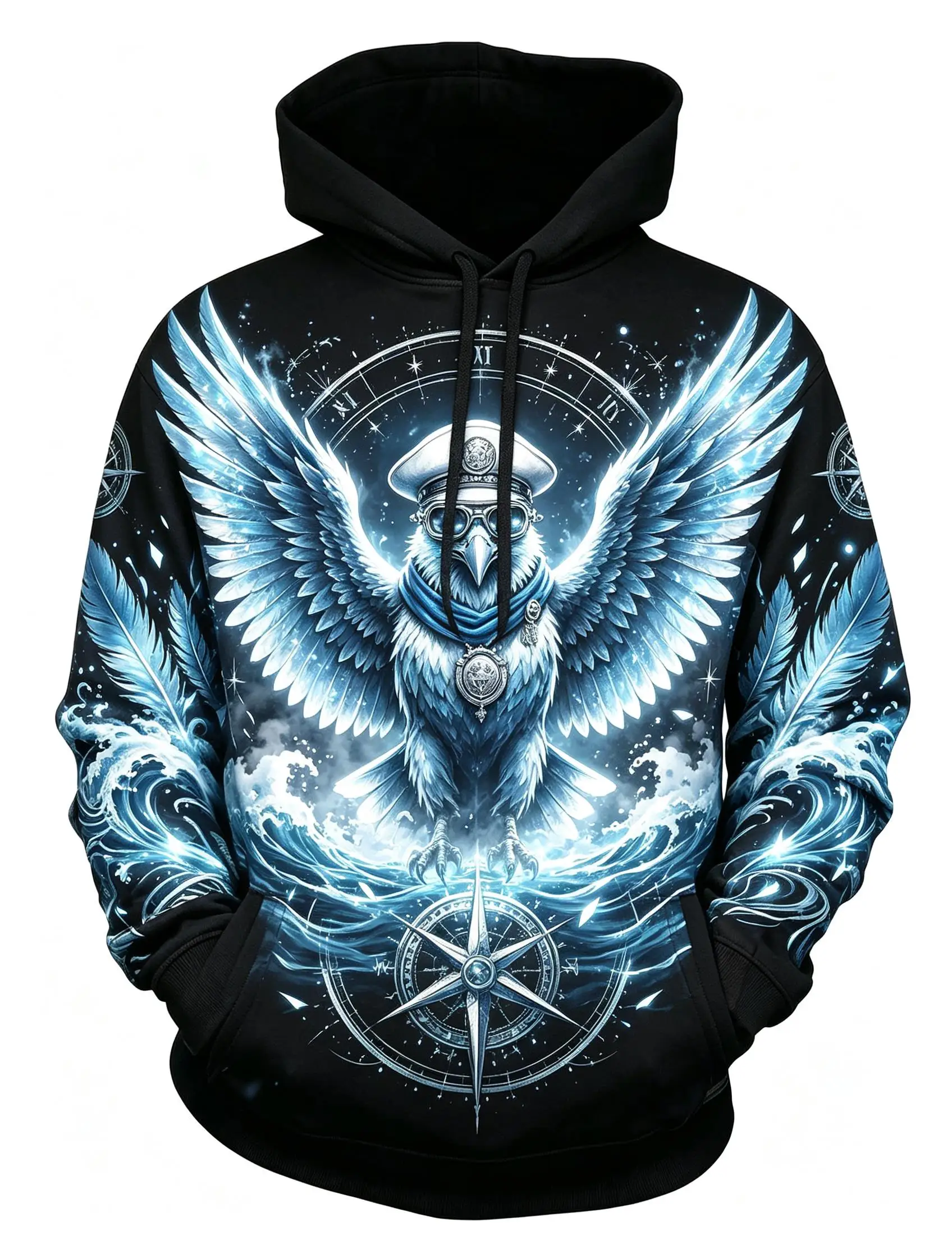 Men's Captain Eagle Compass Ocean Wave Full Print Hoodie Gothic Long Sleeve Hooded Sweatshirt For Festival Wear  ****