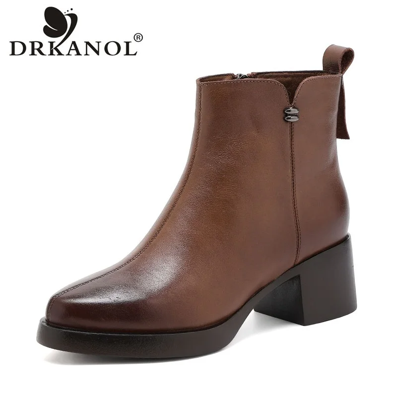 DRKANOL 2027 Women High Heel Boots Autumn Winter Pointed Toe Genuine Cow Leather Side Zipper Thick Heel Warm Ankle Boots H520-2