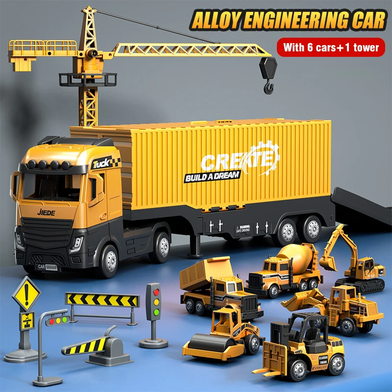 

Alloy Construction Trucks Vehicle Toys for Kids Sounds Lights Effects Take Apart Container Crane,Excavator Trucks,Cement Mixer