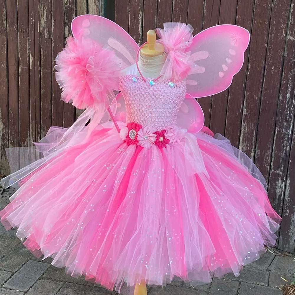 Girls Pink Flower Fairy Dress Kids Glitter Tutu Dress with Butterfly Wing and Stick Hairbow Set Children Cosplay Party Costumes